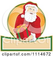 Poster, Art Print Of Santa Holding Out A Present Over A Banner And Circle Of Orange Rays