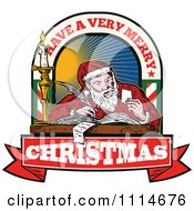 Clipart Retro Santa Writing A List With Have A Very Merry Christmas Banner And Text Royalty Free Vector Illustration