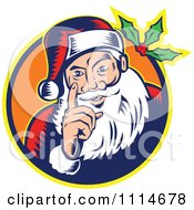 Poster, Art Print Of Retro Santa Holding Up A Finger In An Orange Circle With Holly