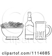 Outlined Bowl Of Potato Chips With A Beer Bottle And Mug