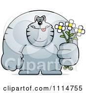 Clipart Buff Gray Cat Holding Flowers Royalty Free Vector Illustration