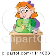 Clipart Red Haired School Girl Smiling Over A Green Bag On Her Desk Royalty Free Vector Illustration