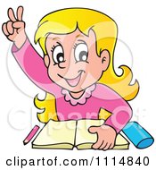Poster, Art Print Of Blond School Girl Raising Her Hand Over A Book