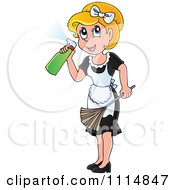 Blond Maid Spraying Cleanser And Holding A Duster