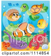 Poster, Art Print Of Cute Blowfish Sea Turtle Fish Flounder And Lobster In The Ocean