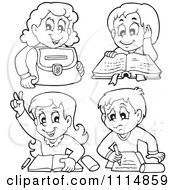 Clipart Outlined School Children Reading And Doing Homework Royalty Free Vector Illustration