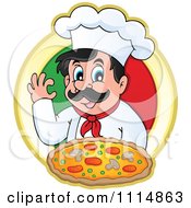 Pizza Chef Gesturing Ok And Holding Pizza Over An Italian Flag Circle