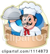Happy Male Chef Holding A Cloche Over A Banner With A Blue Circle
