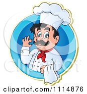 Poster, Art Print Of Happy Male Chef Gesturing Ok And Holding A Towl In A Blue Circle