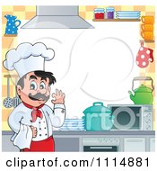 Poster, Art Print Of Frame Of A Happy Male Chef Gesturing Ok In A Kitchen Around White Copyspace