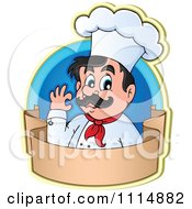 Poster, Art Print Of Happy Male Chef Gesturing Ok In A Blue Circle With A Blank Banner