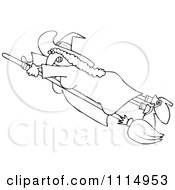 Clipart Outlined Flying Witch Holding Onto Her Fast Broom Royalty Free Vector Illustration