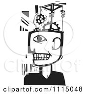 Man With A Gear Pulley Brain Black And White Woodcut