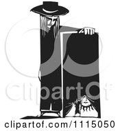 Poster, Art Print Of Person Leaning On A Stage With A Girl Opening A Curtain Black And White Woodcut