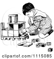 Poster, Art Print Of Vintage Black And White Boy Playing With Building Blocks