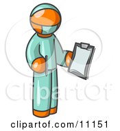 Orange Surgeon Man In Green Scrubs Holding A Clipboard Clipart Illustration