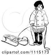 Clipart Vintage Black And White Girl With A Sled Royalty Free Vector Illustration