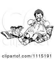 Clipart Vintage Black And White Boy Sitting With Toys Royalty Free Vector Illustration