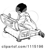 Clipart Vintage Black And White Boy Searching A Trunk Royalty Free Vector Illustration