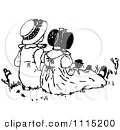 Clipart Vintage Black And White Girls Sitting Outside Royalty Free Vector Illustration
