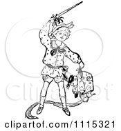 Clipart Vintage Black And White Boy Playing With A Sword And Doll Royalty Free Vector Illustration
