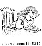 Clipart Vintage Black And White Girl Eating At A Table Royalty Free Vector Illustration
