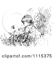 Clipart Vintage Black And White Baby In A Garden With Butterflies Royalty Free Vector Illustration