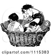 Clipart Vintage Black And White Children In A Basket Royalty Free Vector Illustration