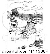 Clipart Vintage Black And White Children Playing On The Beach Royalty Free Vector Illustration