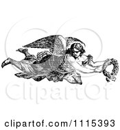 Poster, Art Print Of Vintage Black And White Angel Flying With A Wreath