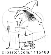 Clipart Outlined Evil Witch Reading A Long List Of Spell Ingredients Royalty Free Vector Illustration