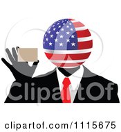 Poster, Art Print Of American Globe Headed Businessman Holding A Card