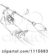 Clipart Outlined Halloween Witch Hanging Onto A Flying Broom In A Night Sky Royalty Free Vector Illustration