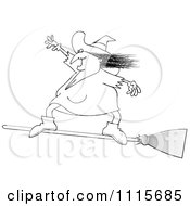 Clipart Outlined Halloween Witch Flying And Standing On A Broom Royalty Free Vector Illustration