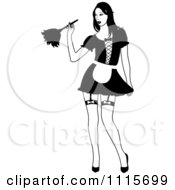 Clipart Sexy Black And White Dusting French Maid Wearing Garters Royalty Free Vector Illustration