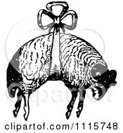 Clipart Retro Vintage Black And White Sheep Suspended From A Bow Royalty Free Vector Illustration