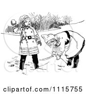 Clipart Retro Vintage Black And White Girls Playing In The Snow Royalty Free Vector Illustration
