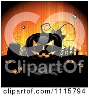 Poster, Art Print Of Orange Halloween Background With A Black Jackolantern In A Cemetery