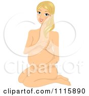 Poster, Art Print Of Nude Blond Pregnant Woman Covering Her Private Parts And Kneeling