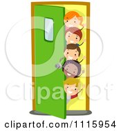 Poster, Art Print Of Happy Diverse School Kids Waving And Peeking Around A Door