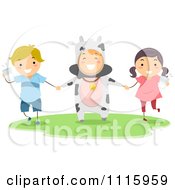 Clipart Happy Kids Holding Milk And Standing With A Cow Mascot Royalty Free Vector Illustration