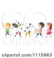 Poster, Art Print Of Happy Kids With A Cow Costume And Milk Bottles