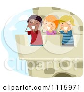 Clipart Happy Diverse Kids Shouting From A Castle Turret Royalty Free Vector Illustration