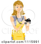 Poster, Art Print Of Happy Blond Woman Wearing An Apron And Taking Food Photos