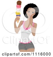 Happy Black Woman Holding An Ice Cream Cone With Five Scoops