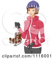 Happy Winter Woman Carrying Ice Skates