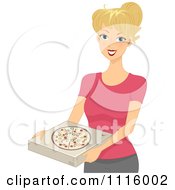 Happy Blond Woman Holding A Pizza Box