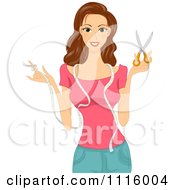 Poster, Art Print Of Beautiful Brunette Seamstress With Measuring Tape And Scissors