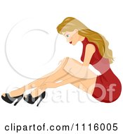 Clipart Sexy Blond Woman In A Red Dress Sitting And Looking At Her Heels Royalty Free Vector Illustration by BNP Design Studio