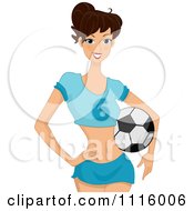 Clipart Happy Woman With A Soccer Ball On Her Hip Royalty Free Vector Illustration